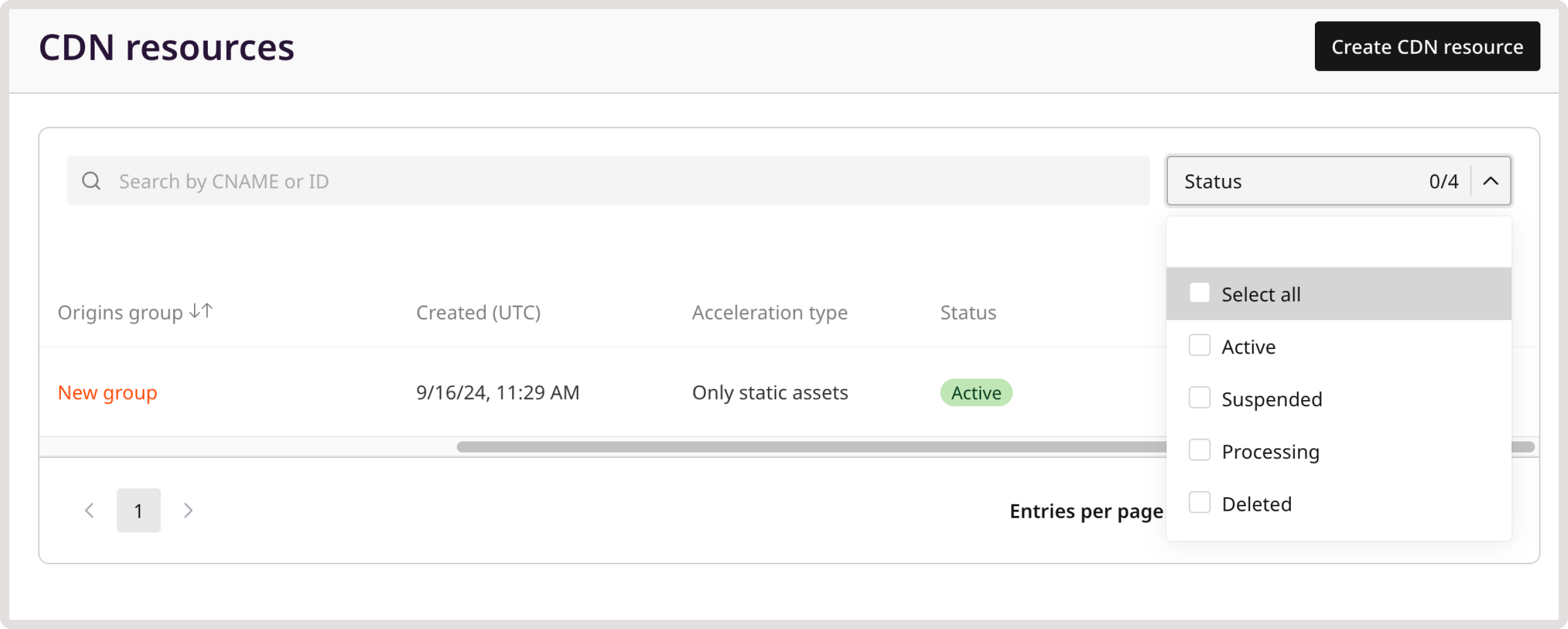 Search bar and resource statuses