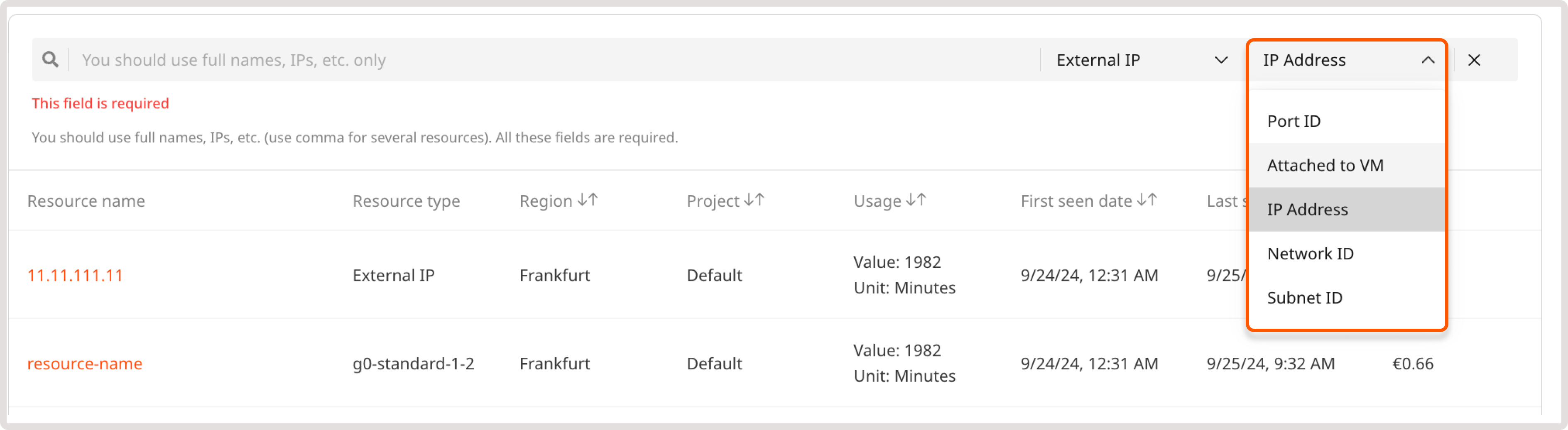 Resource attribute dropdown with IP Address selected