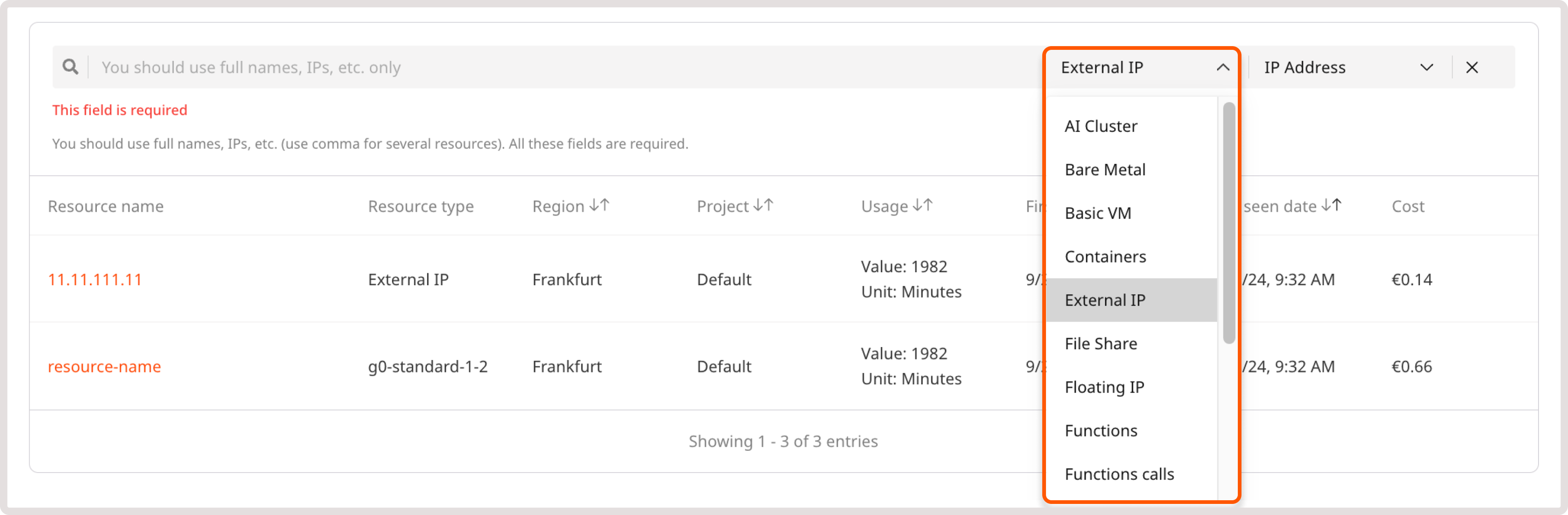 Resource type dropdown with External IP selected