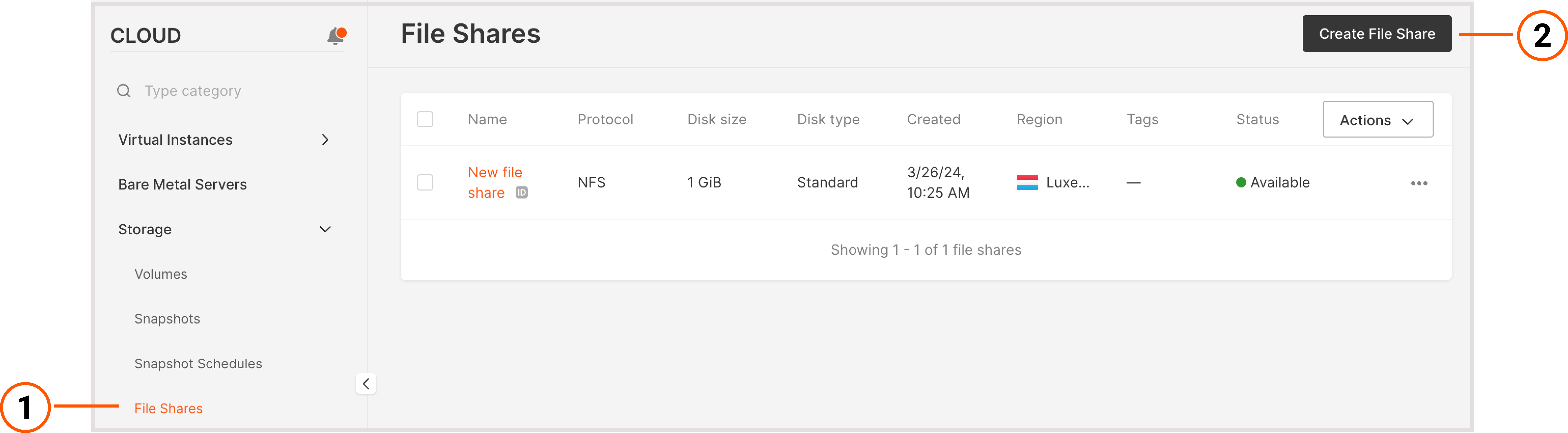 File Shares page with a highlighted button to create file share