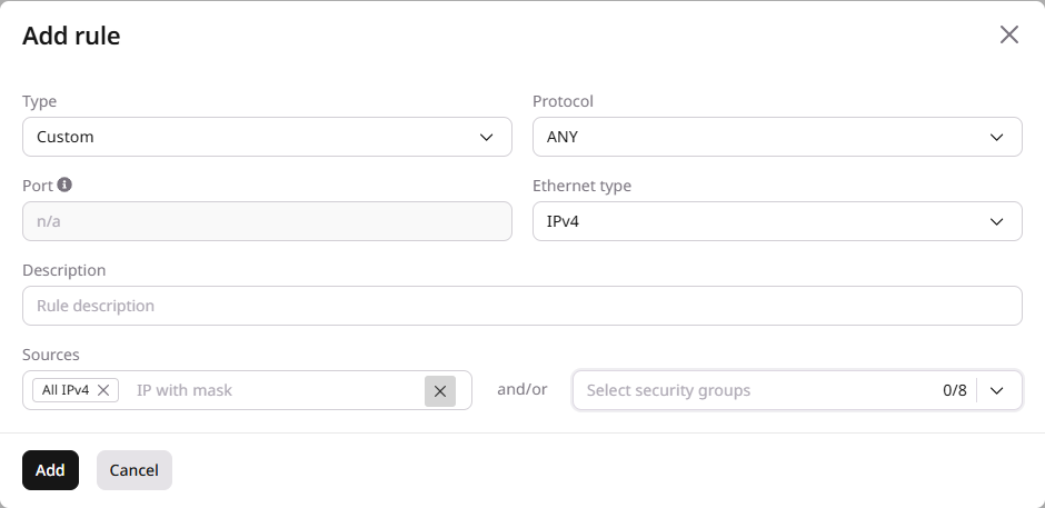 Add firewall rule dialog showing protocol, port, and sources configuration