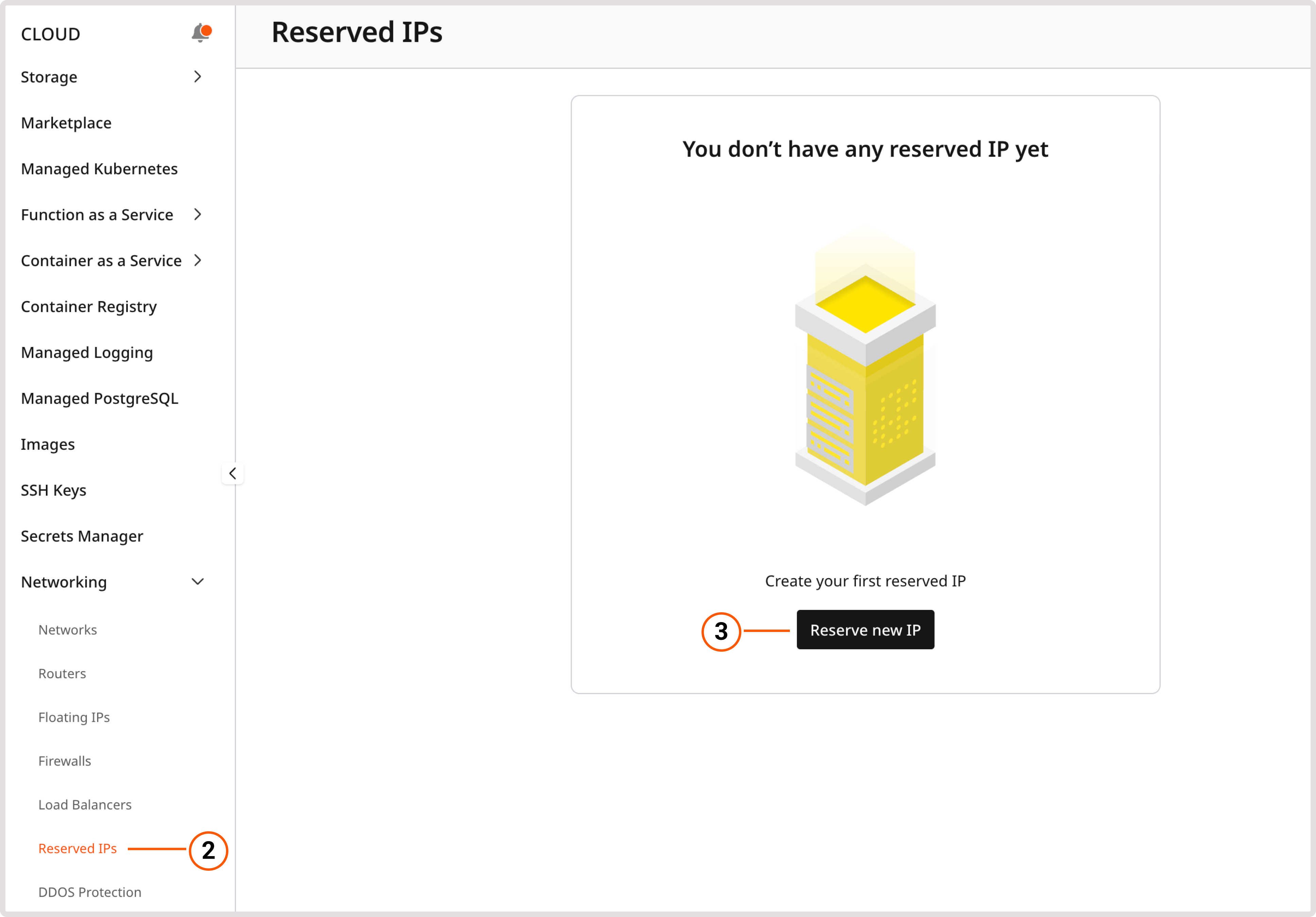 Reserved IPs page in the Customer Portal