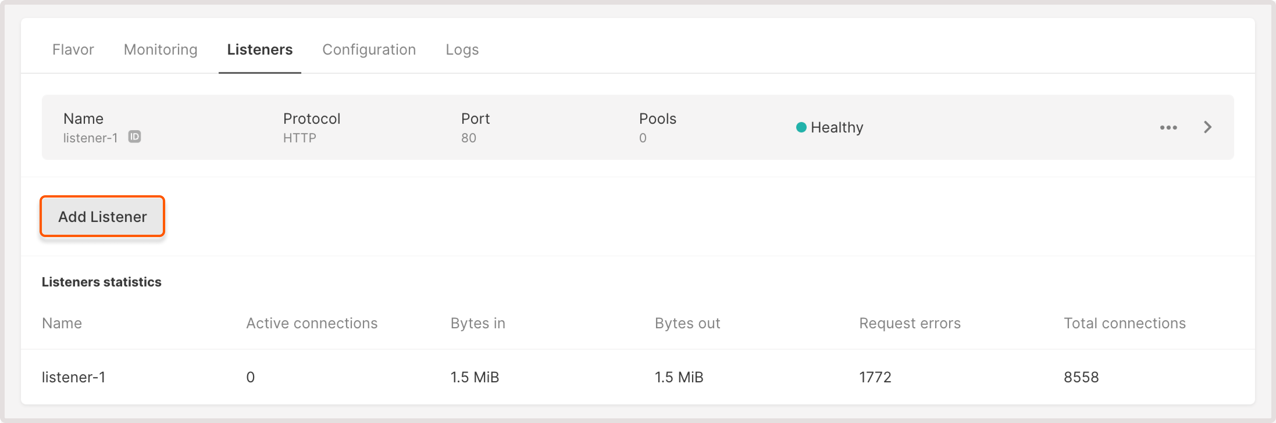 Listener tab in the Load Balancer settings