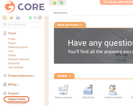 Support ticket in the Control Panel