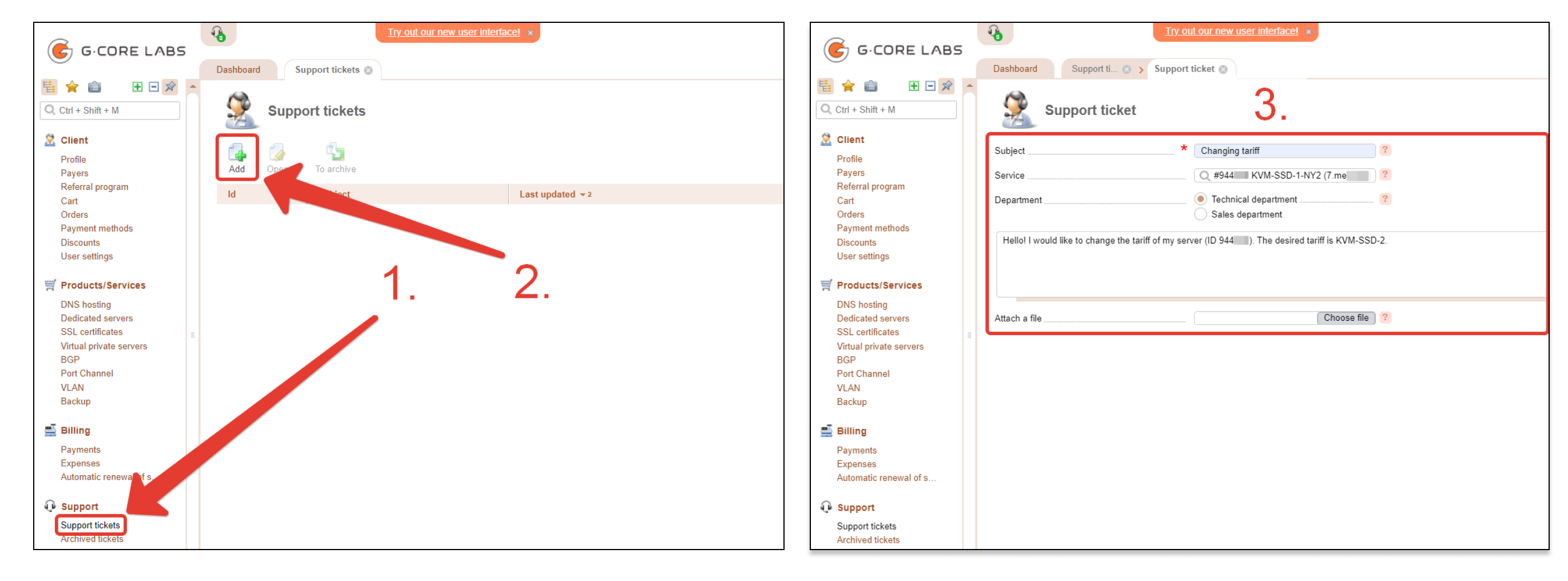 Support tickets section