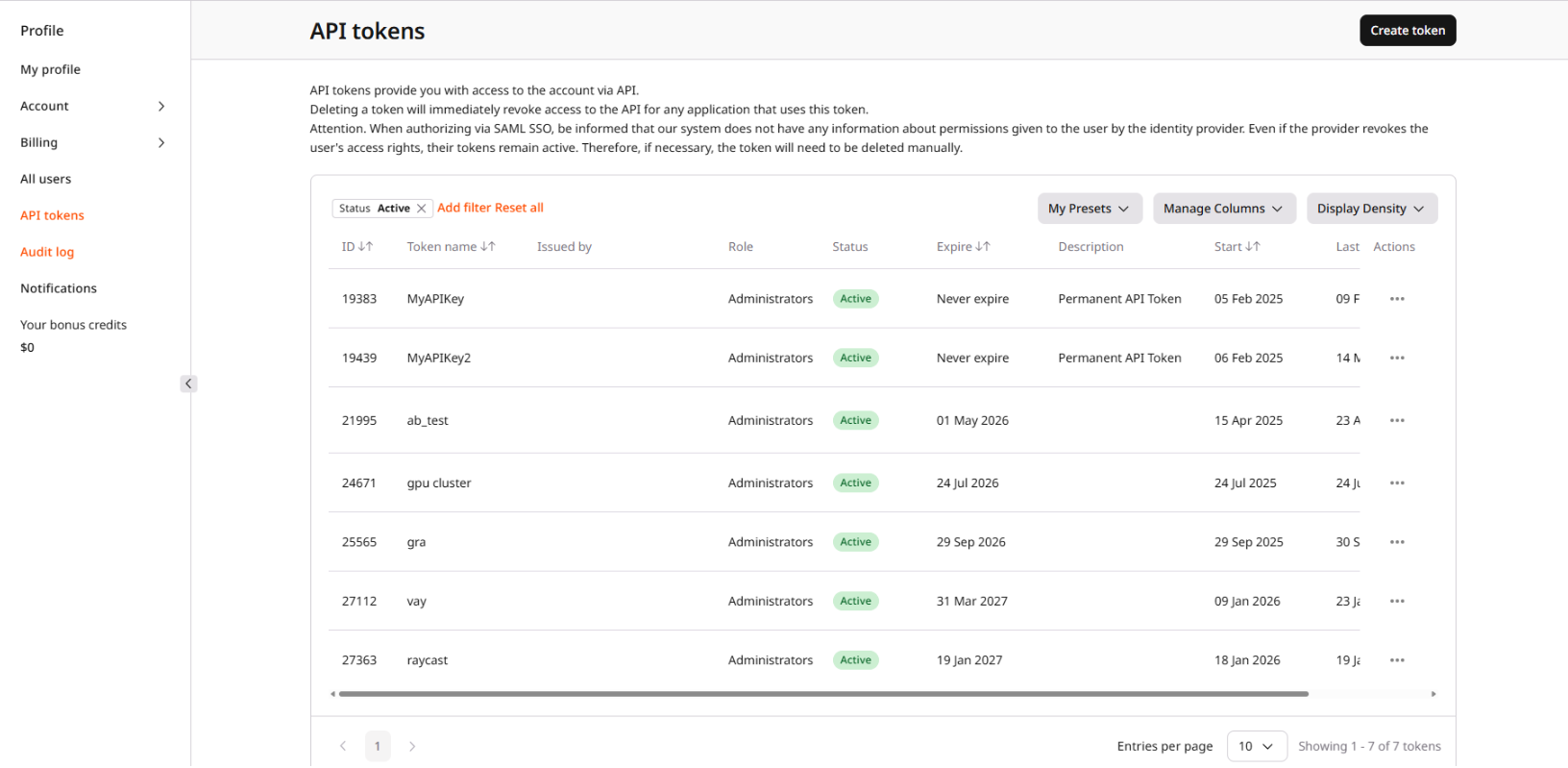 Create a permanent API token