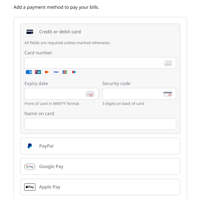 Payment methods page in the account settings