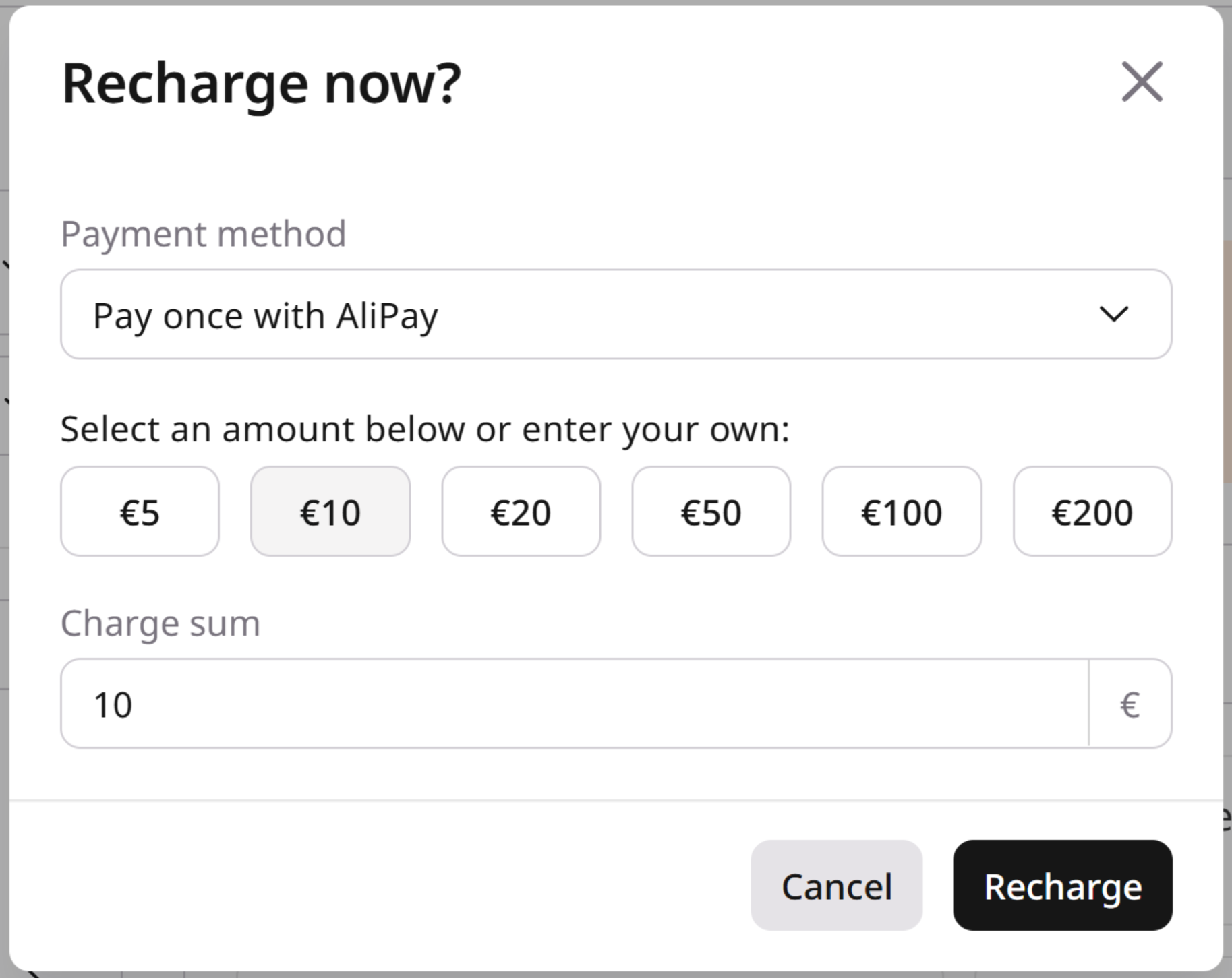 Recharge now window payment method