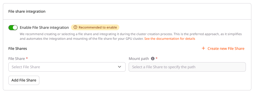 File share integration section with toggle and file share selector