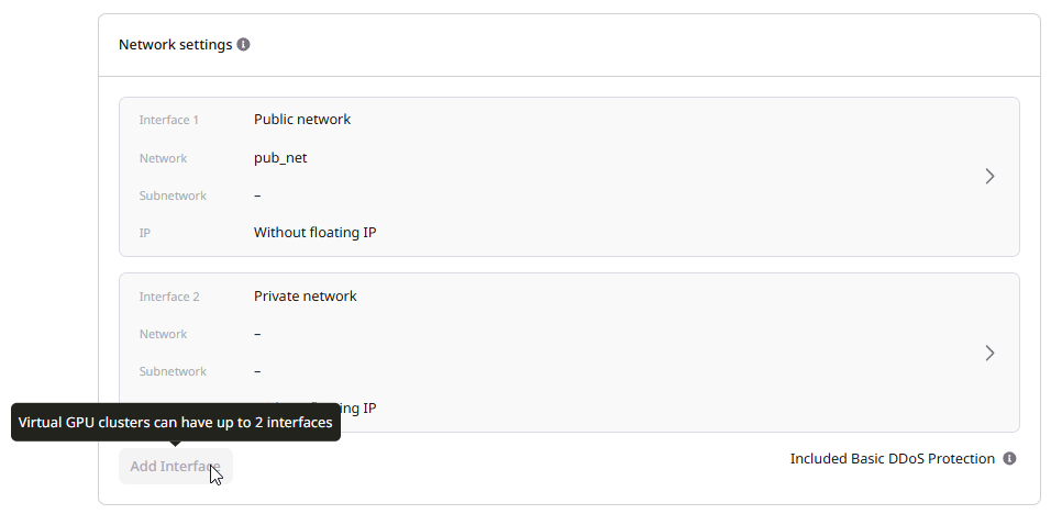 Network settings section with Public and Private interfaces configured