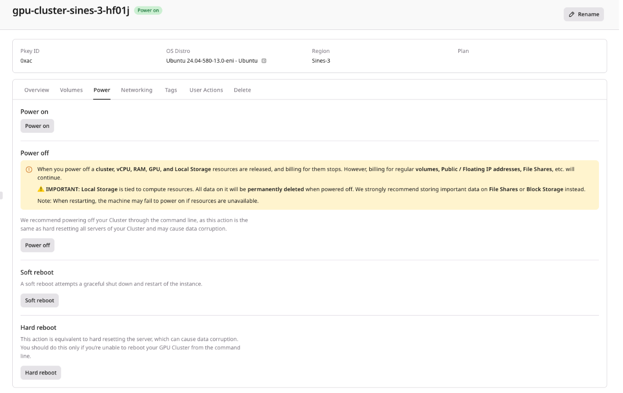 Power tab with Power on, Power off, Soft reboot, and Hard reboot options