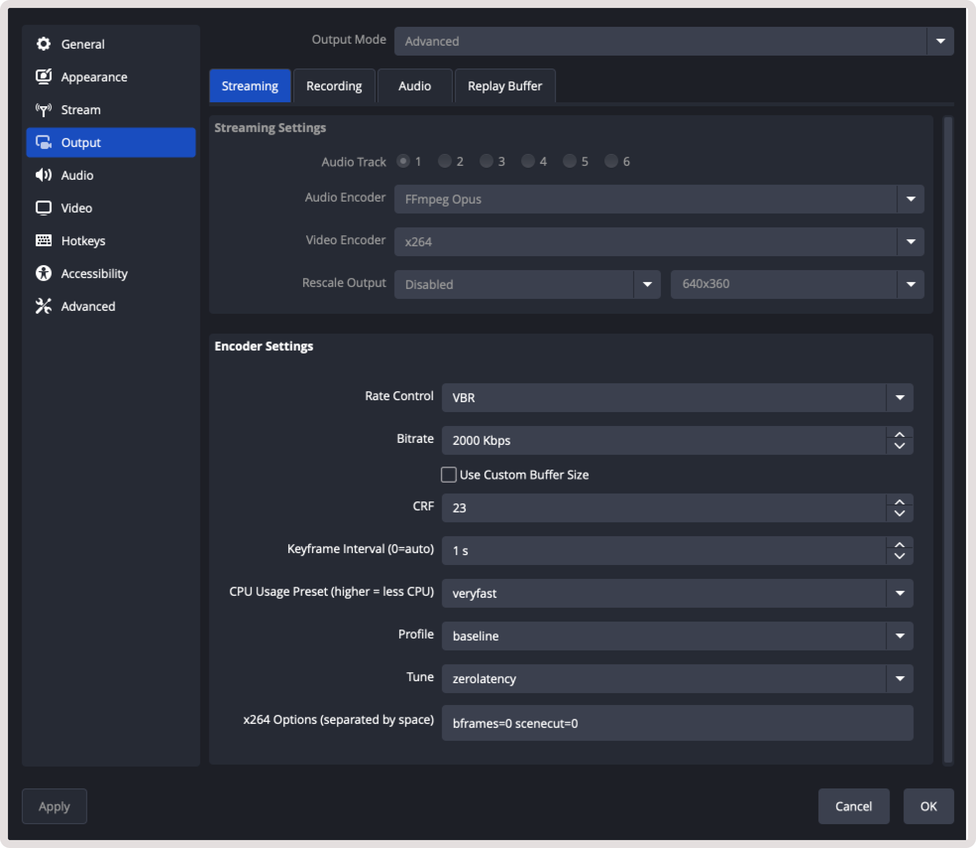 Example of listed OBS settings