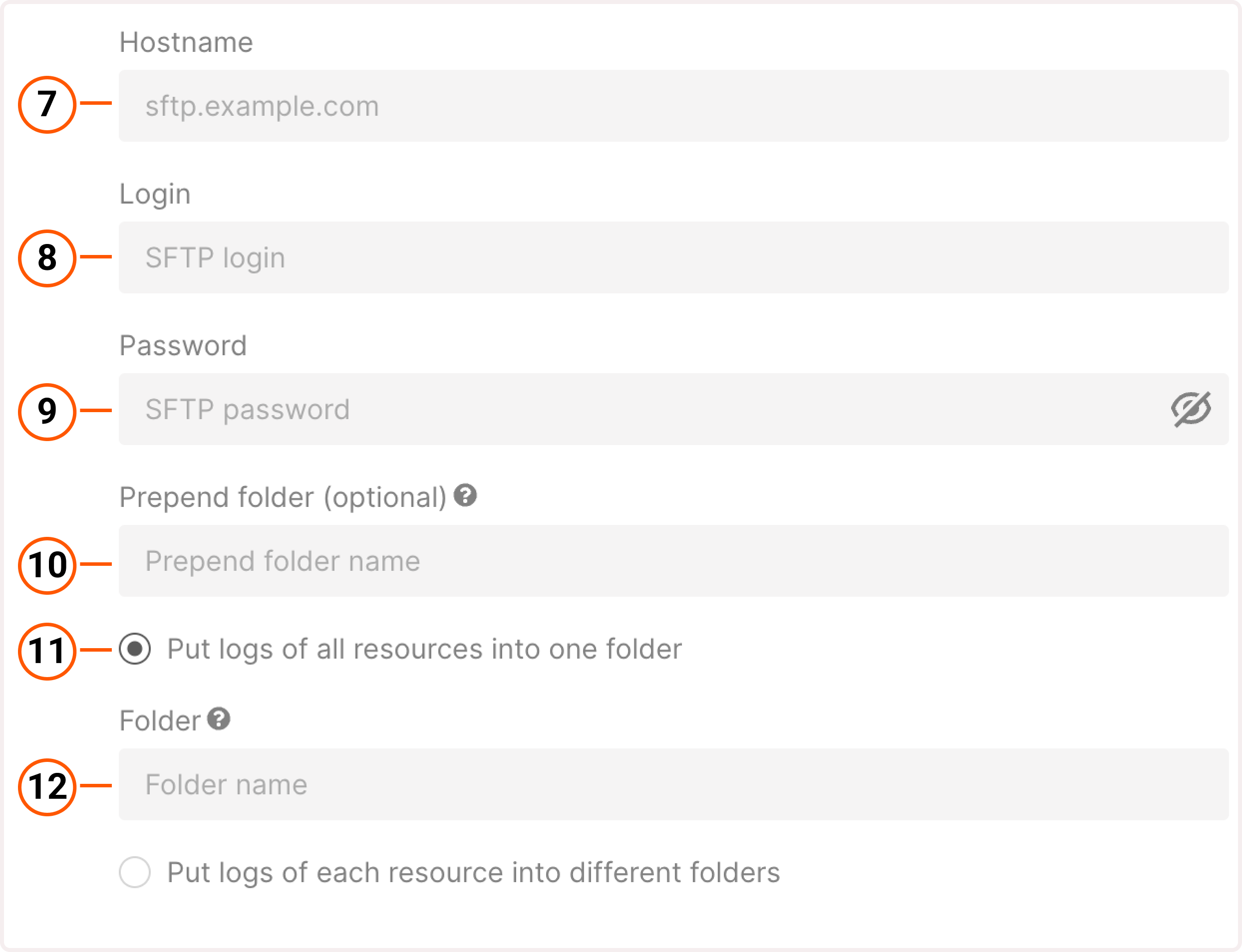 Raw logs settings for SFTP storage