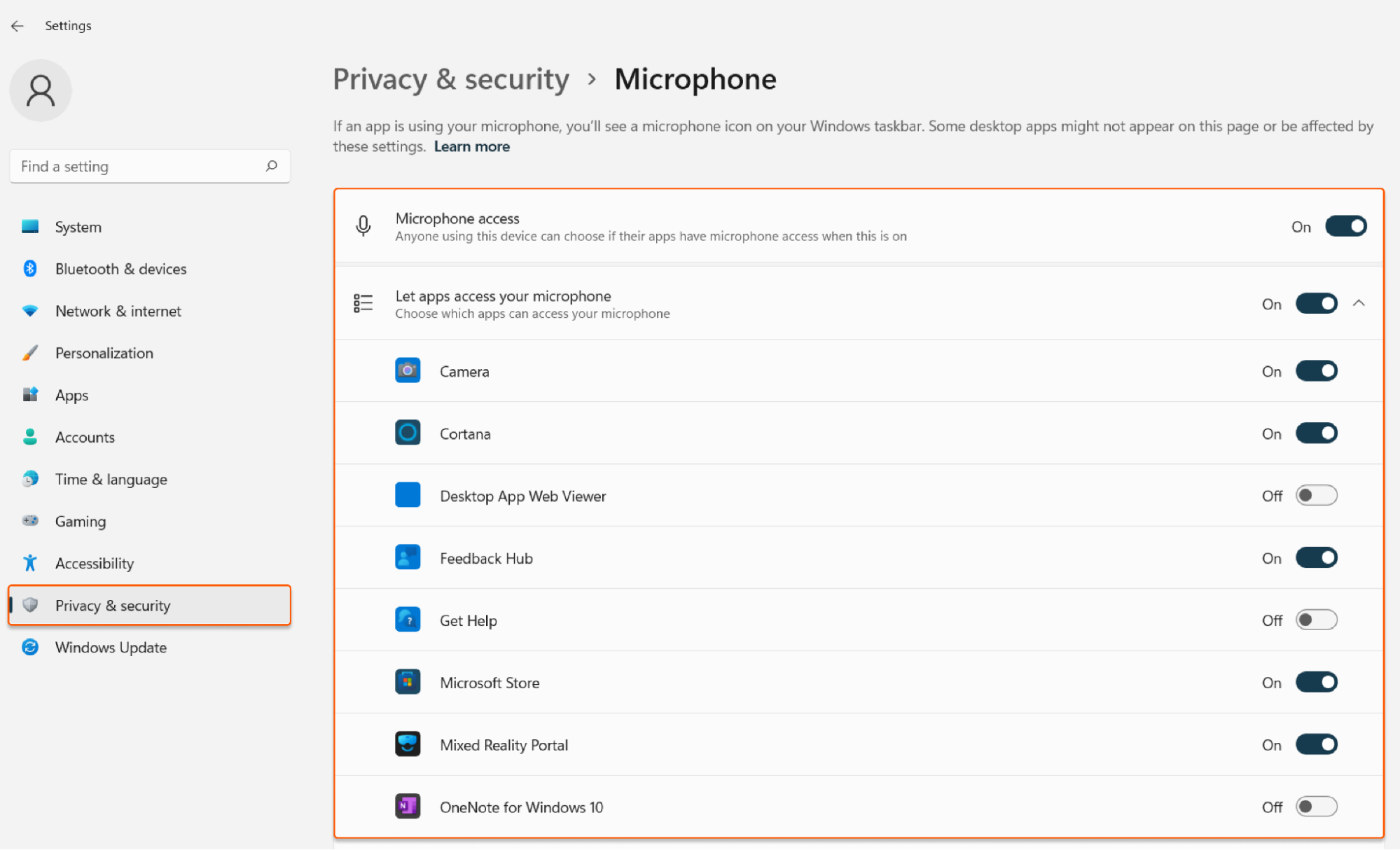 Camera or Microphone Windows sections