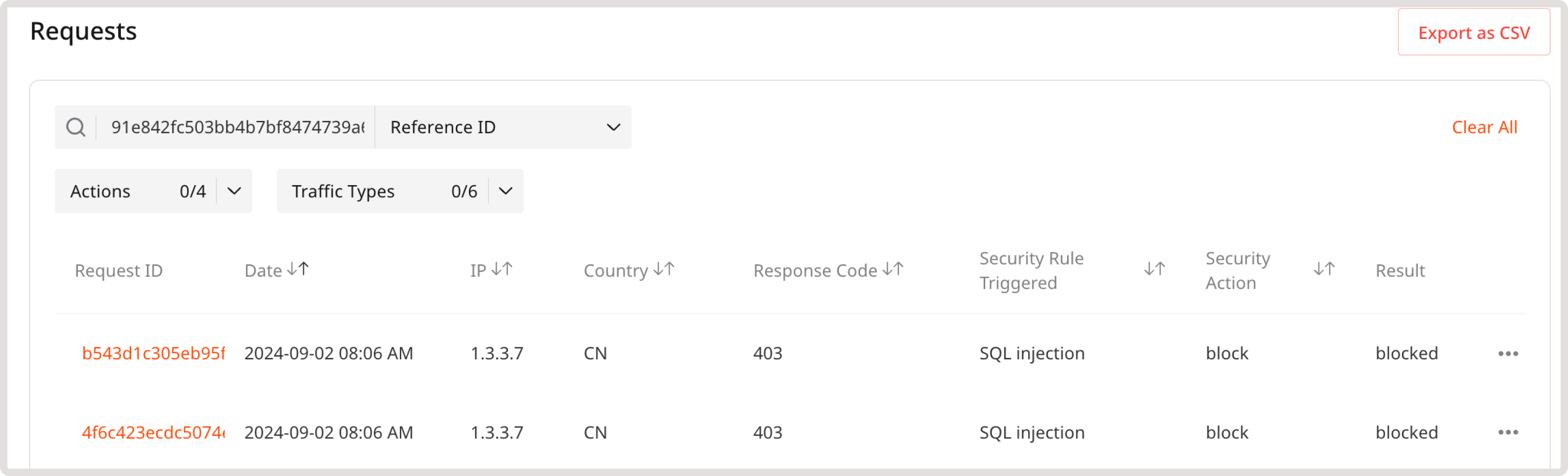 Requests table with search by Reference ID