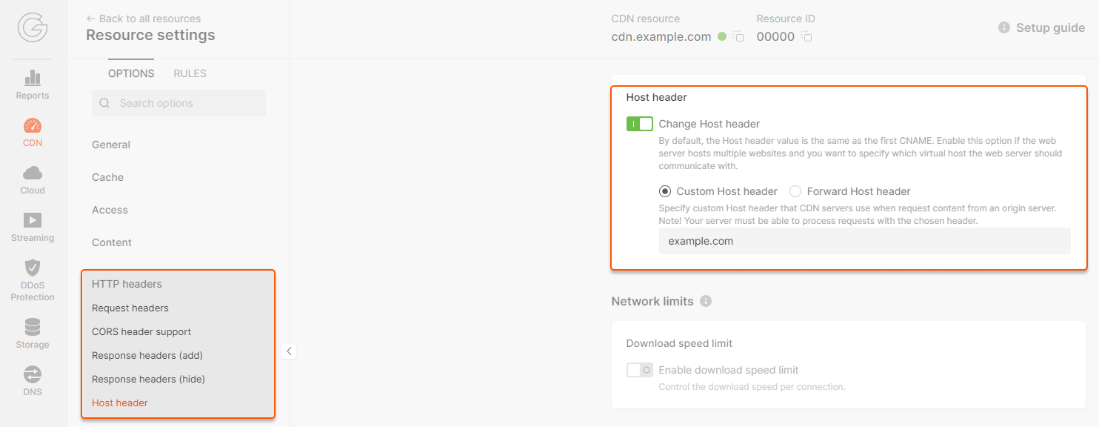 Host header option in the Gcore Customer Portal
