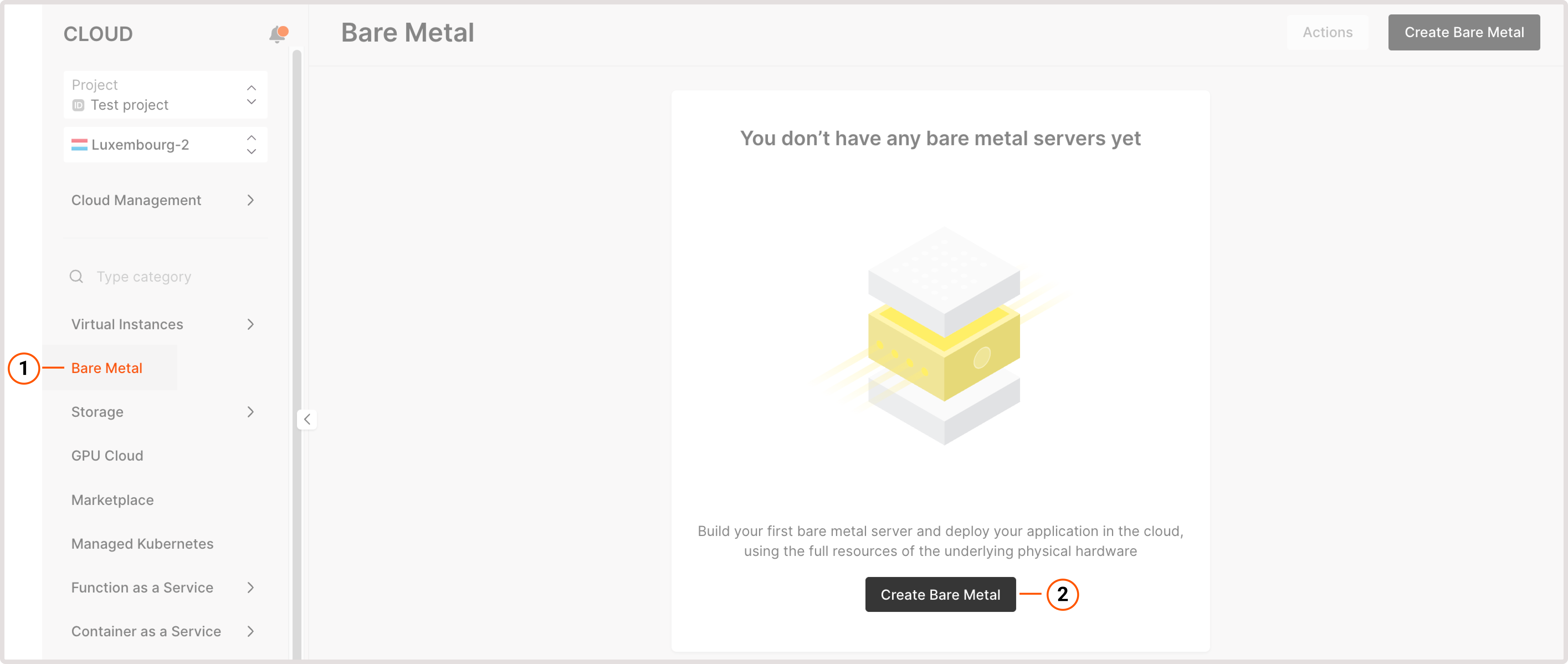 Bare metal page in Gcore Customer Portal