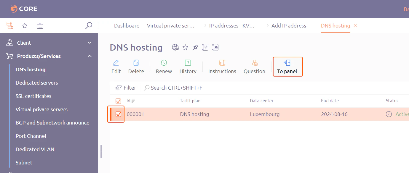 DNS hosting service section