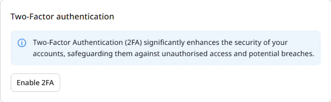 Two-Factor authentication section with Enable 2FA button