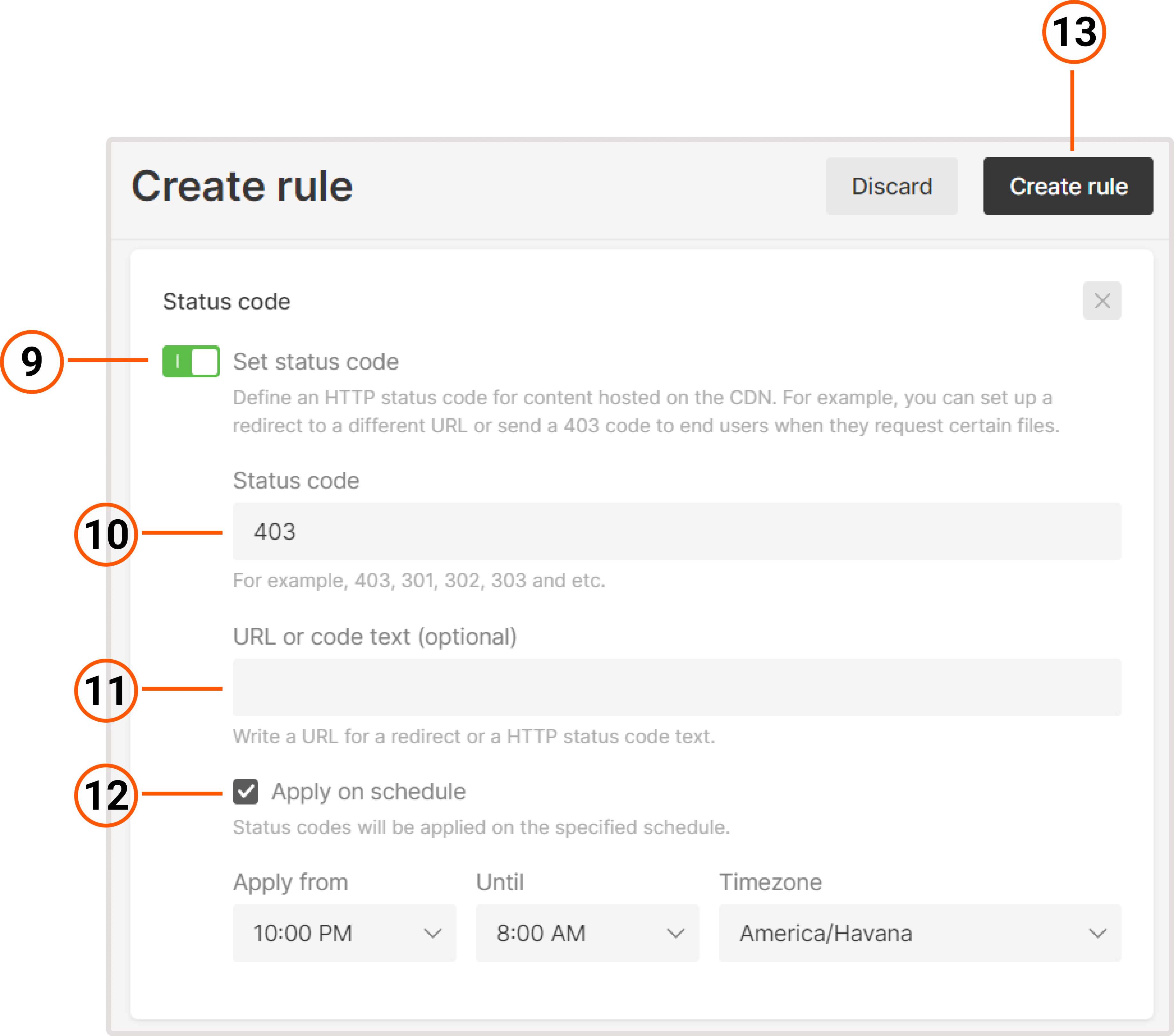 Configure the Set status code option in the rule