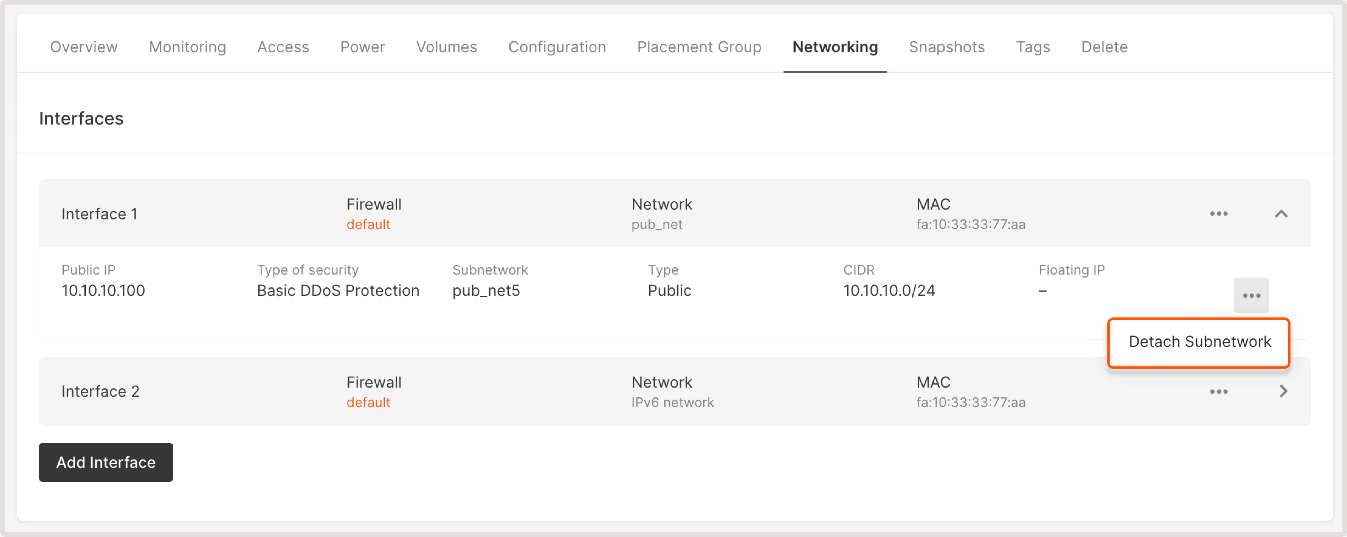 Network settings with the detach subnetwork option