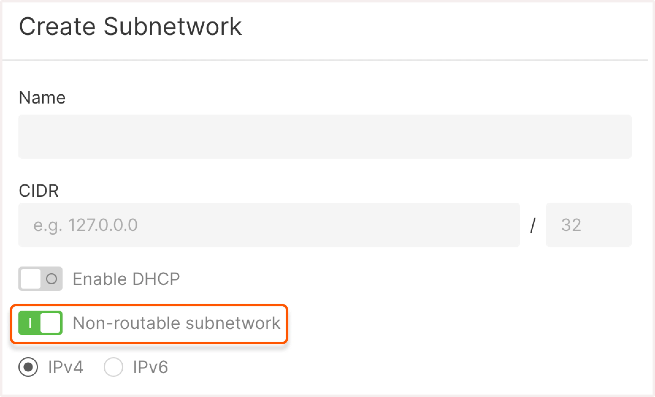 Create subnetwork dialog