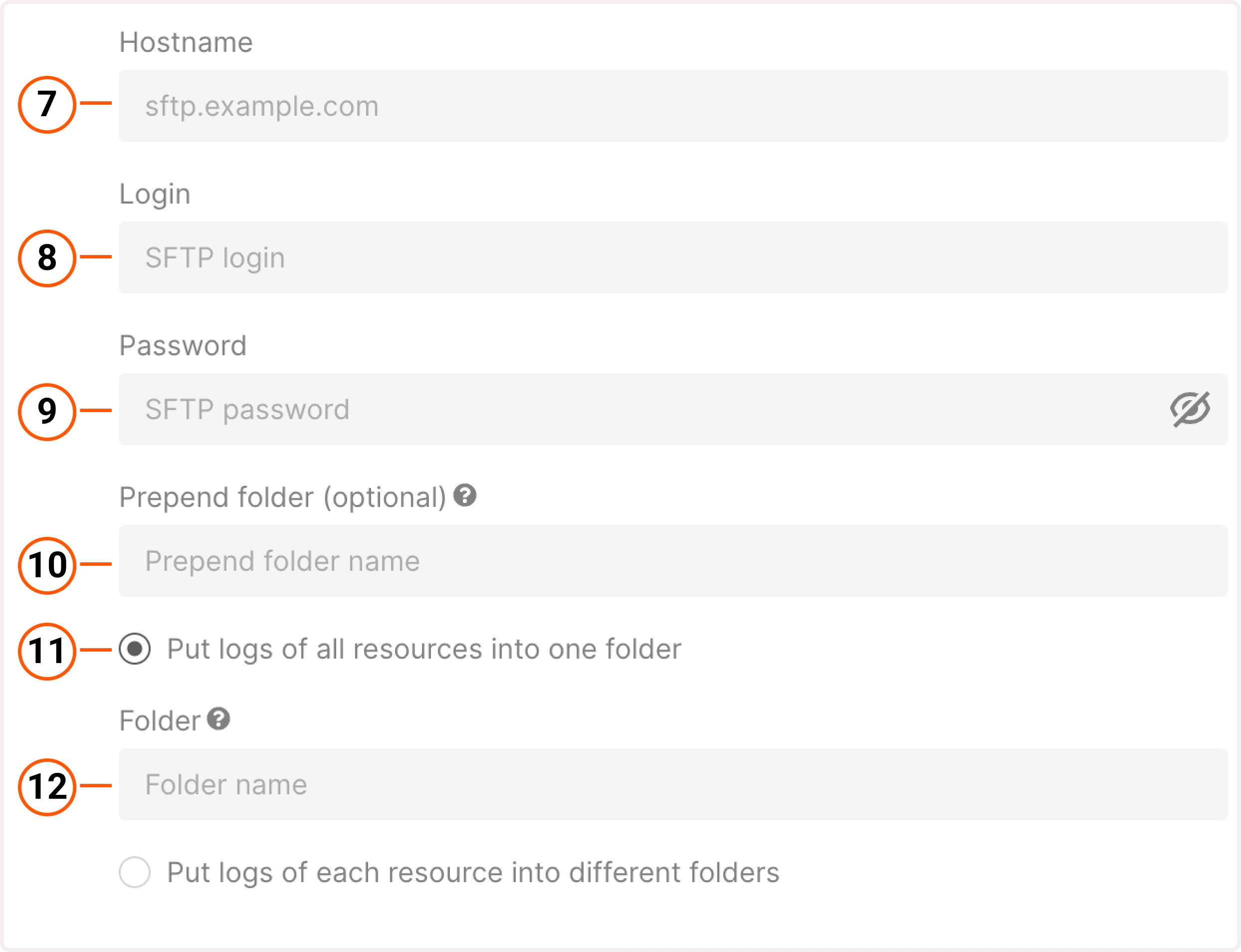 Raw logs settings for SFTP storage