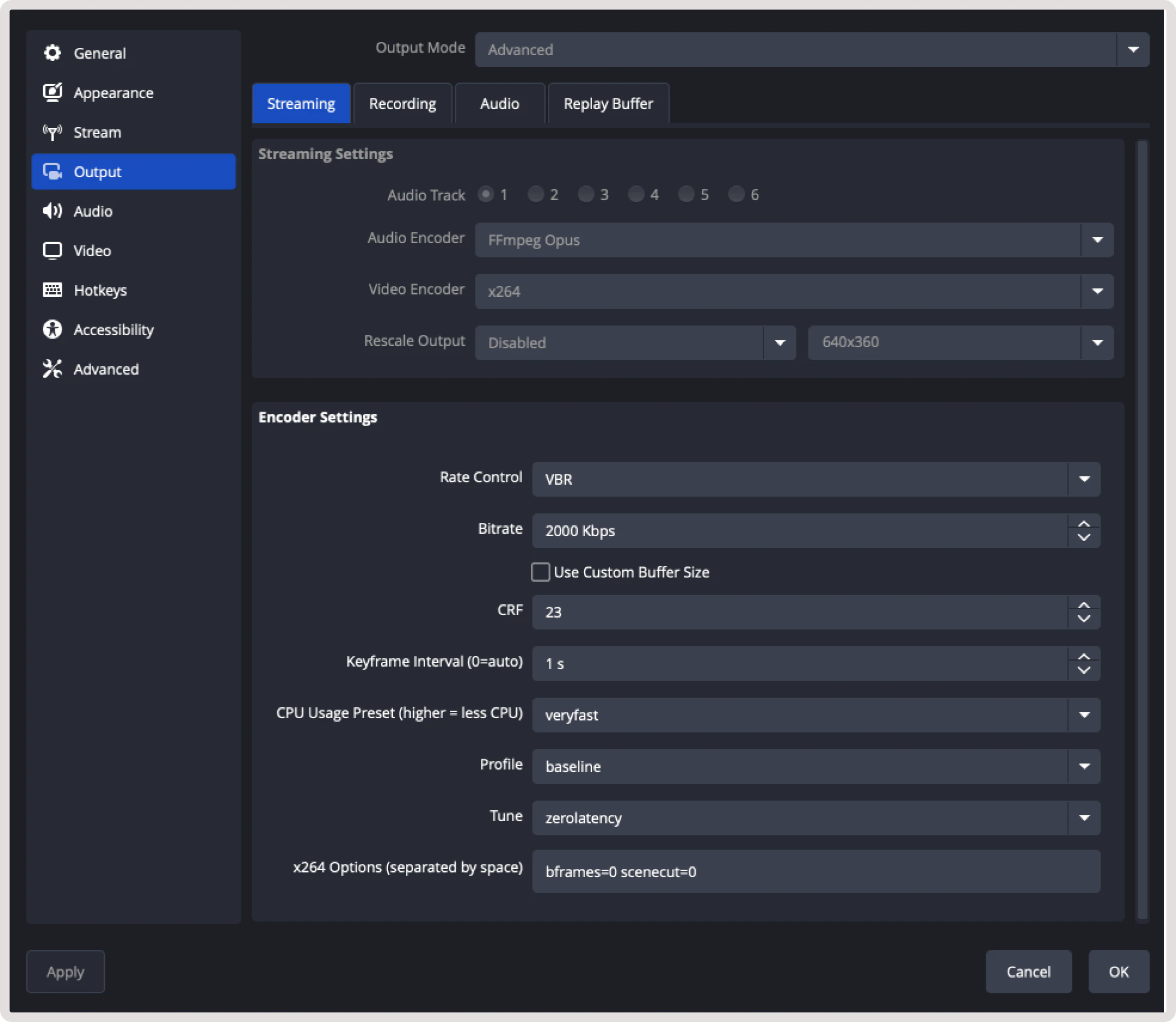 Example of listed OBS settings