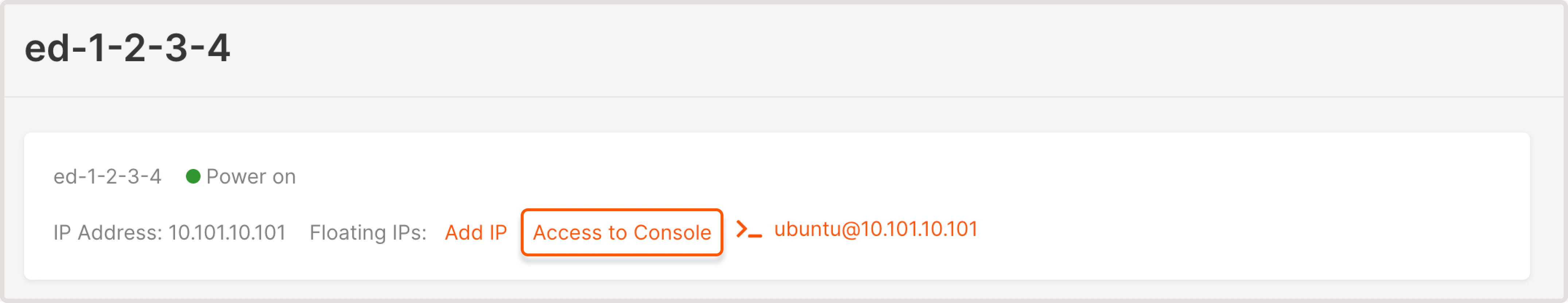 Overview of a Virtual Machine with the Access to console link highlighted