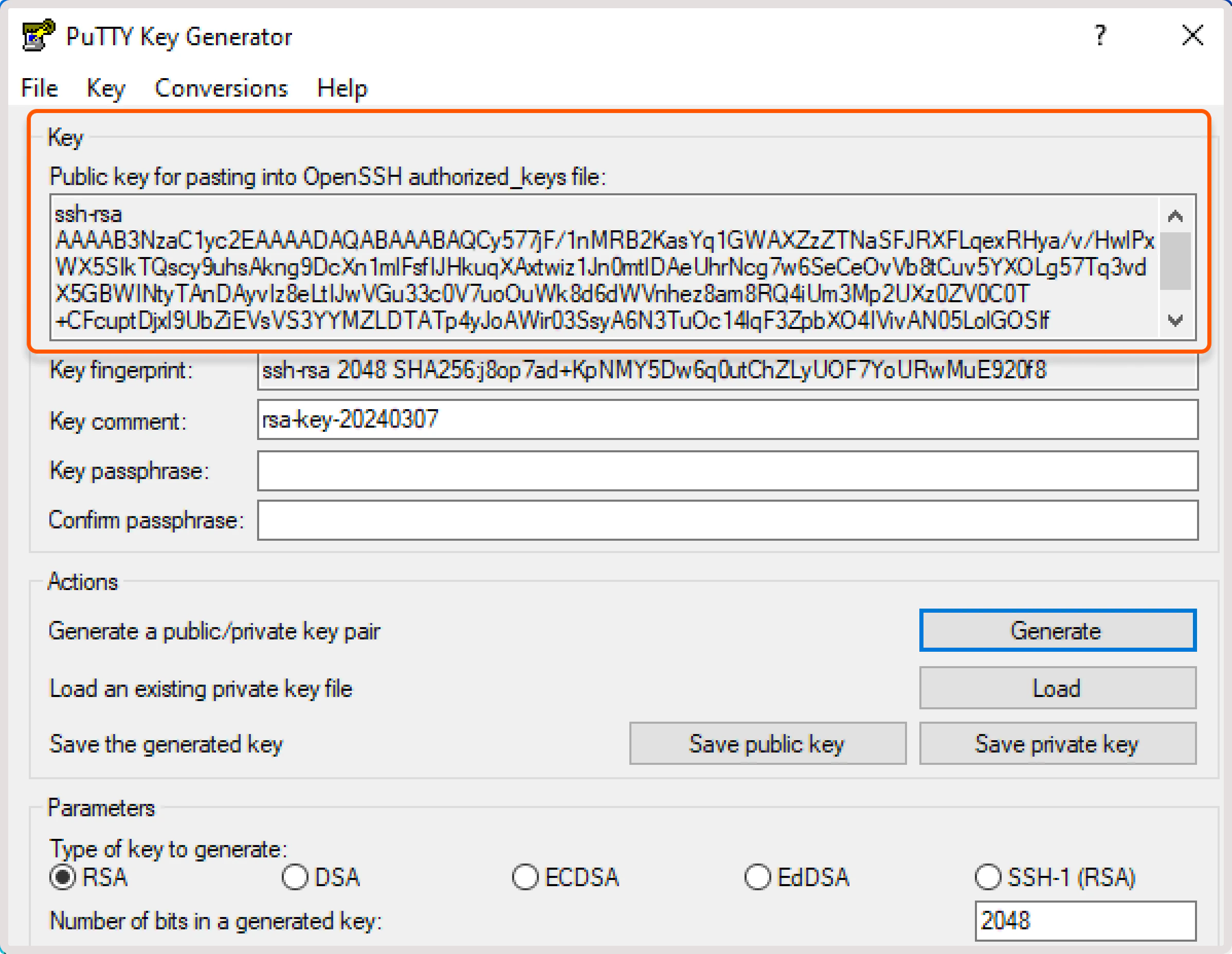 Puttygen app with a generated public key