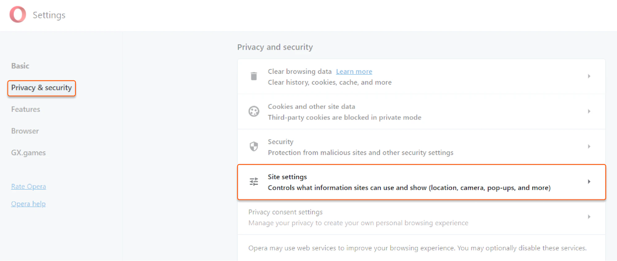 Opera browser settings