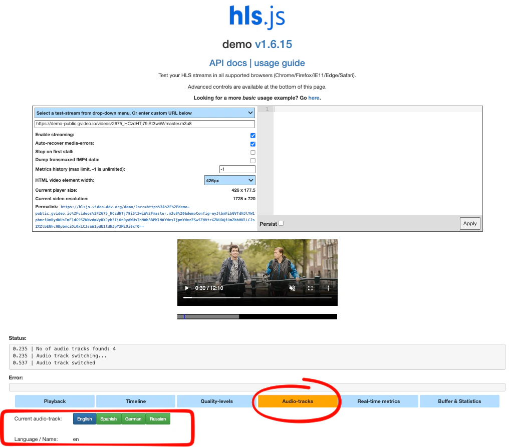 Example of playback in hls.js