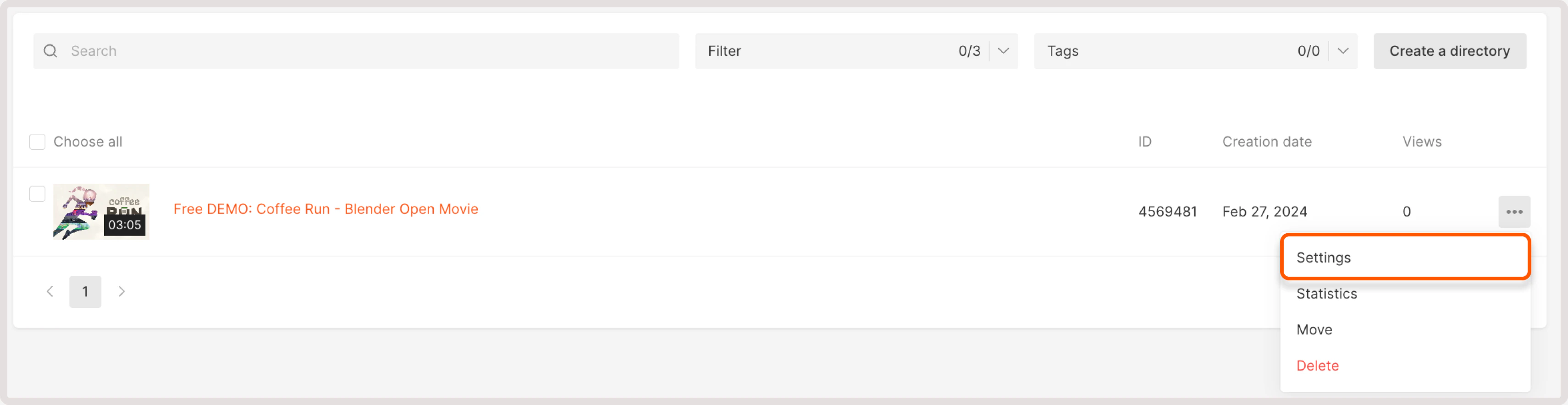 settings of the uploaded video