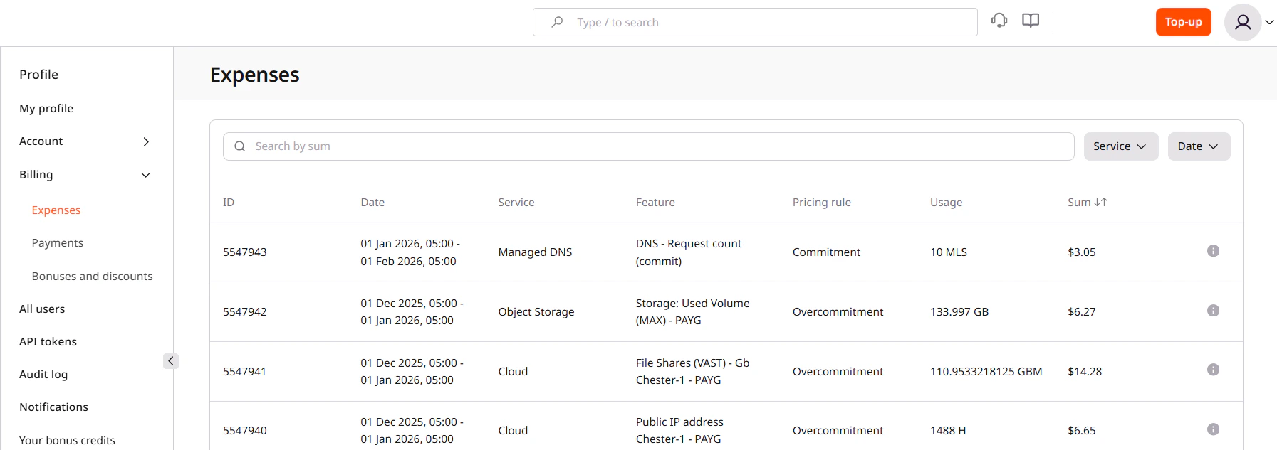 Expenses page in the account settings