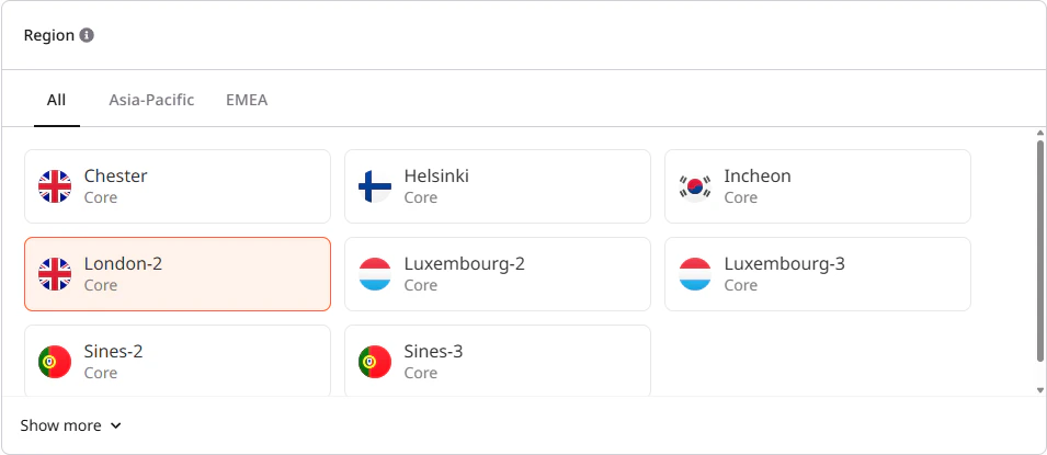 Region selection section showing available regions grouped by geography