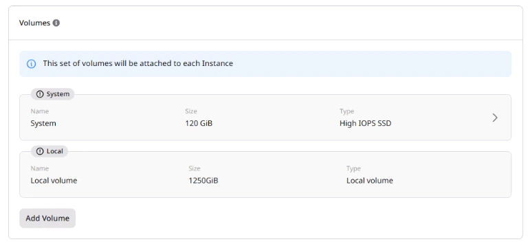 Volumes section with System and Local volumes configuration