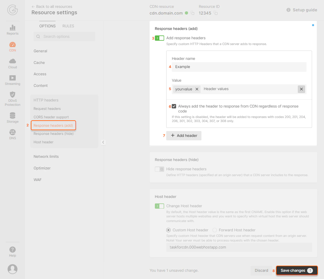 Go to the CDN resource settings