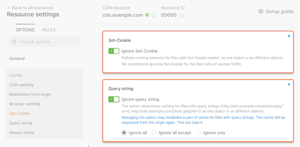Set-Cookie and Query string options