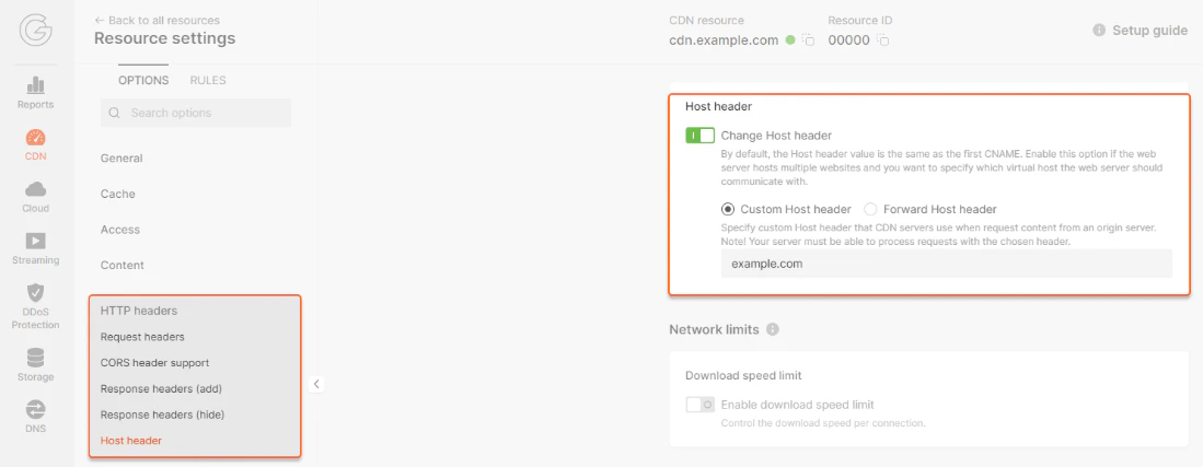 Host header option in the Gcore Customer Portal