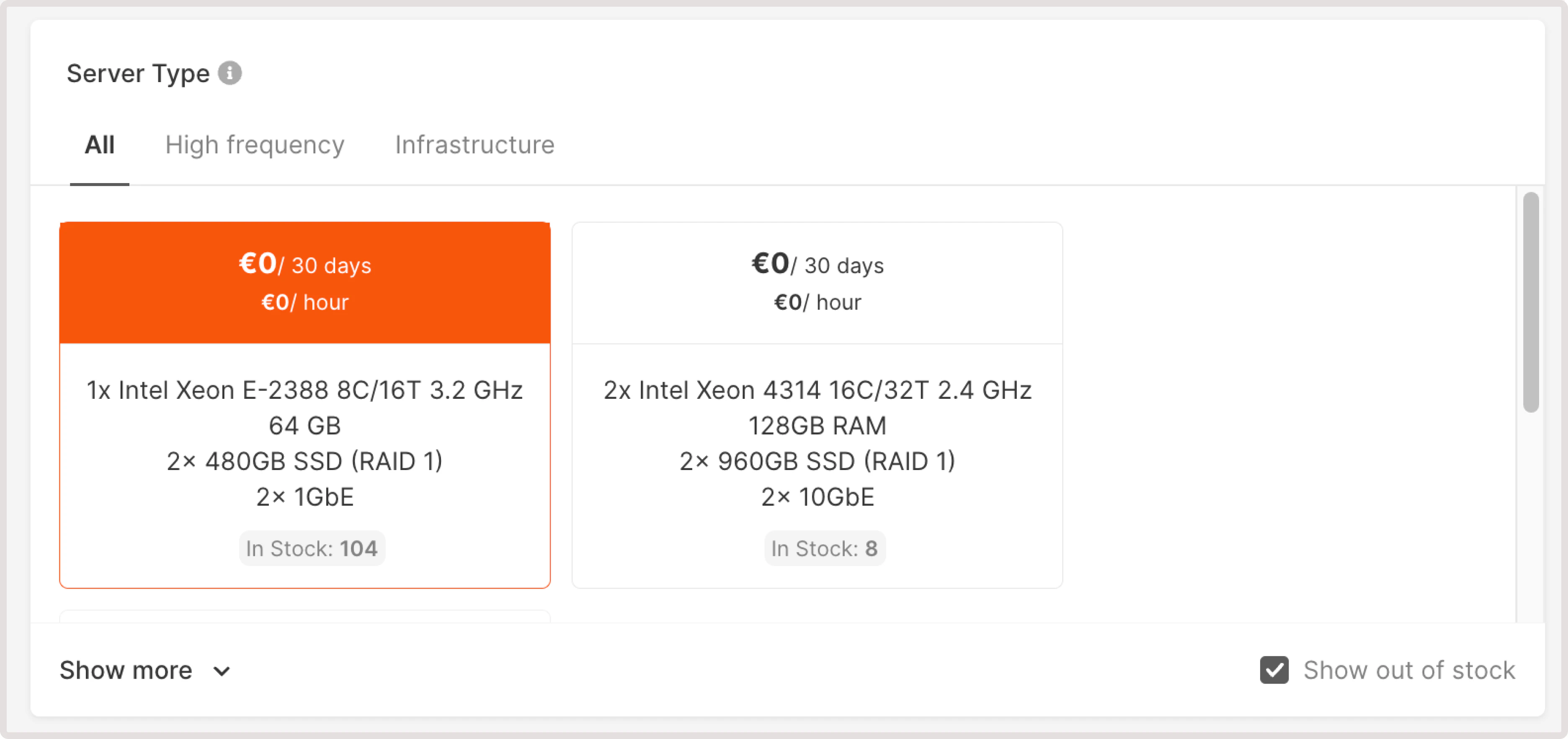 A menu with available server types