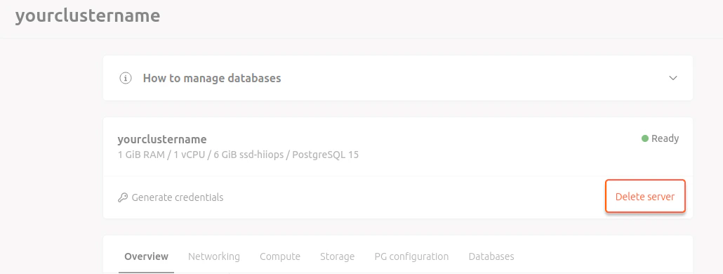 manage postgresql delete server
