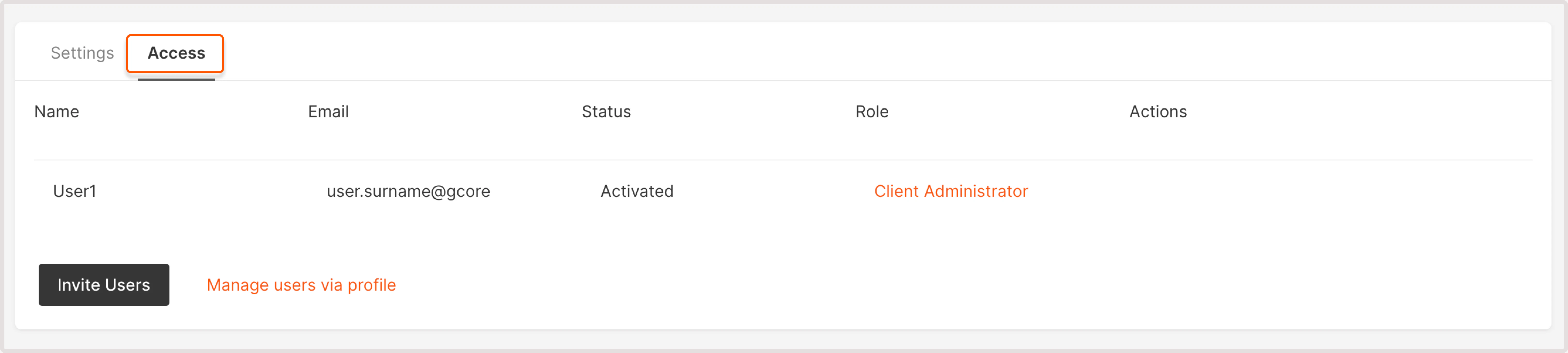 Project access tab displaying one user added to the project
