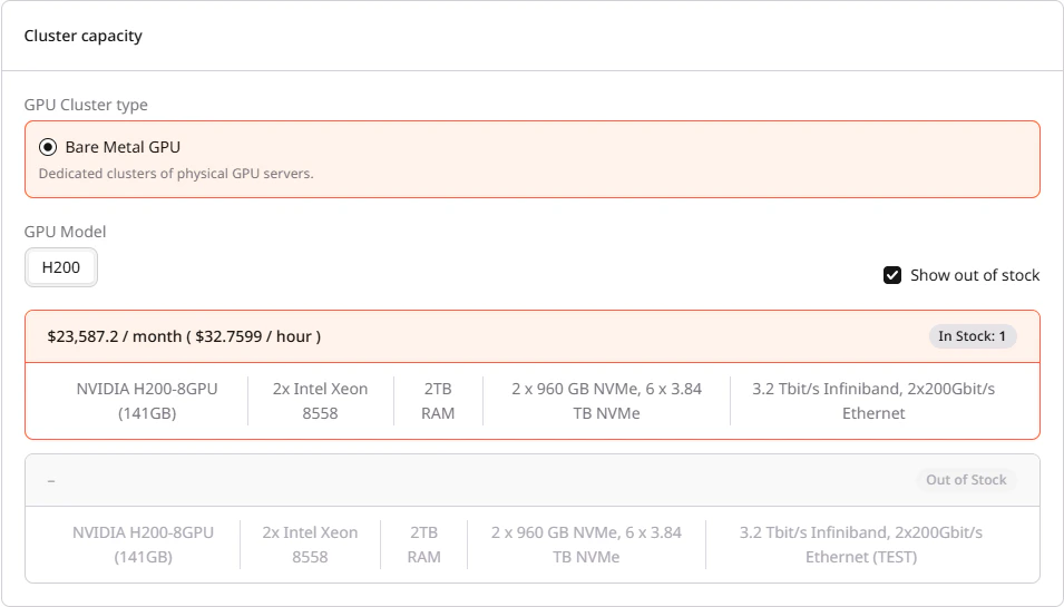 Cluster capacity section showing GPU Cluster type, GPU Model selector, and flavor card with specifications