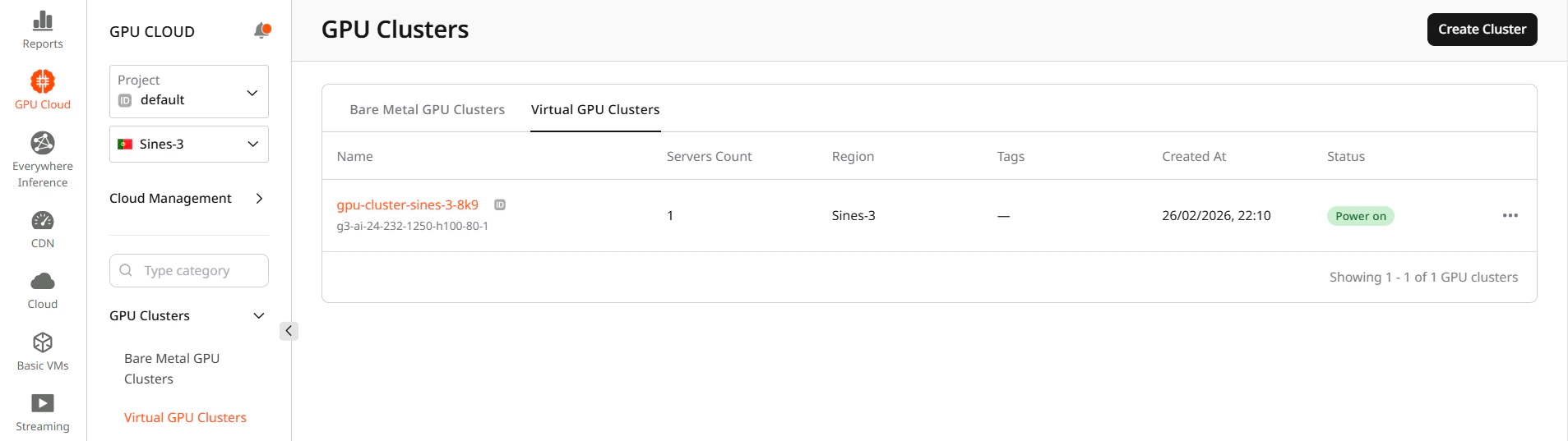 Virtual GPU Clusters page with cluster list and Create Cluster button