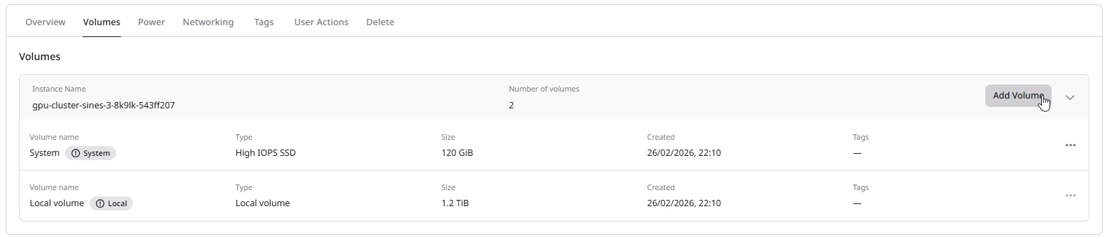 Volumes tab showing instance volumes with Add Volume button