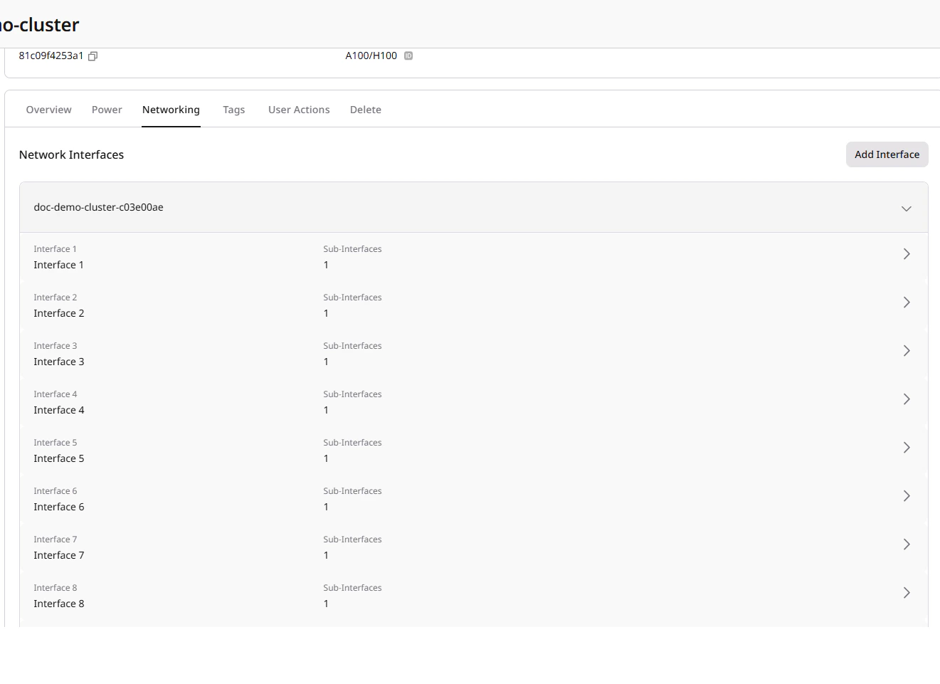 Networking tab showing node and interface list