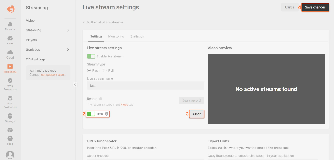 Live stream settings page