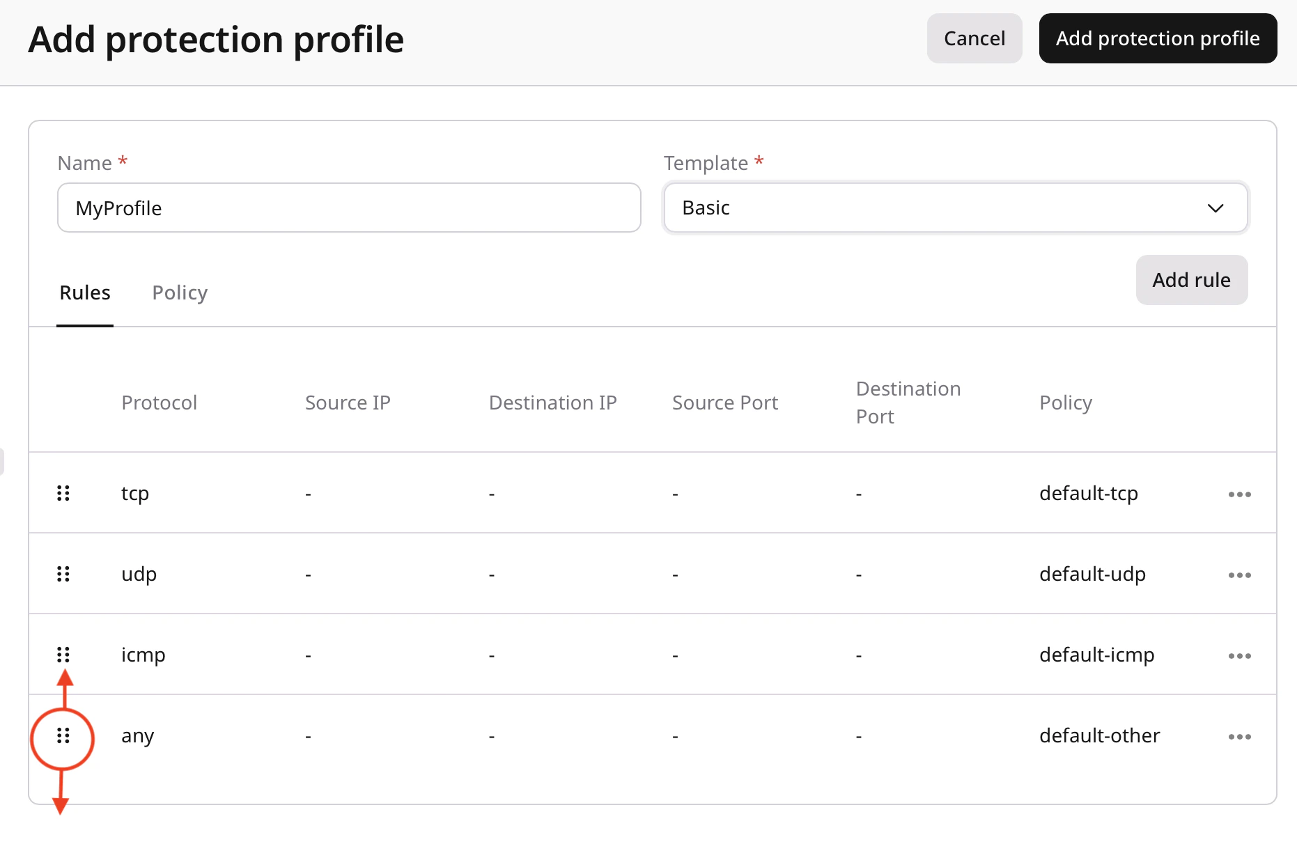 Protection profiles rules order