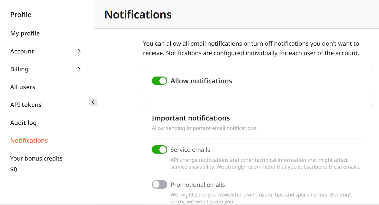 Notifications page in account settings