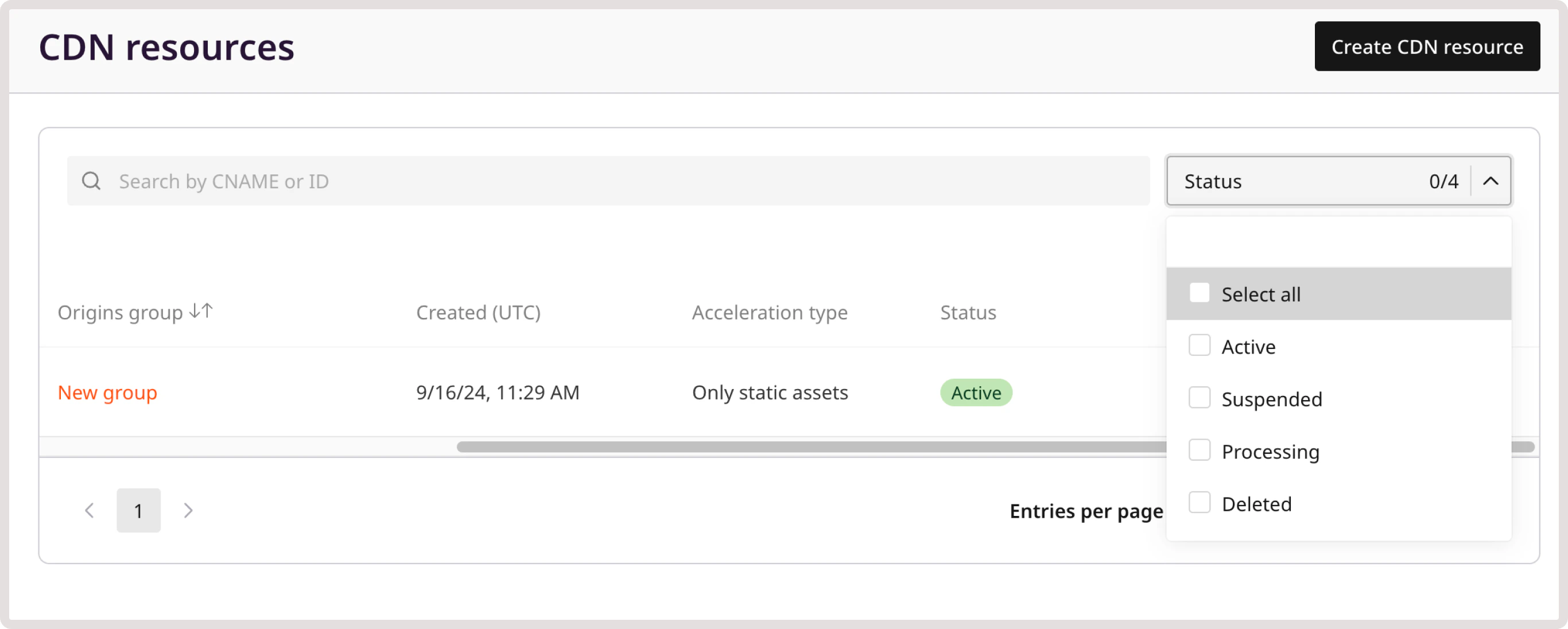 Search bar and resource statuses